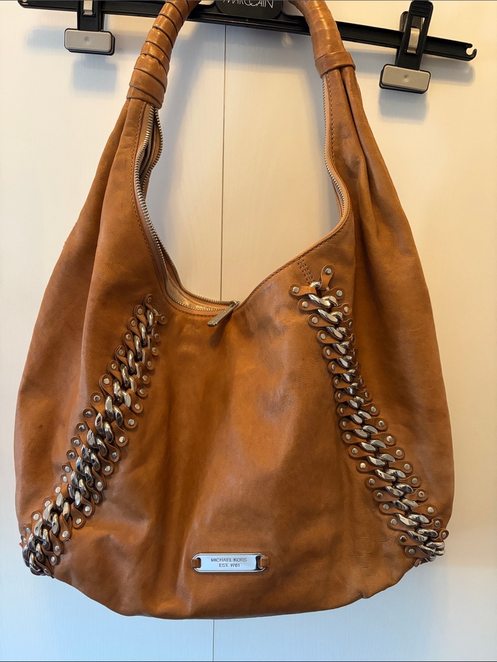 Michael Kors Cognac Leather Hobo with Chain Accent